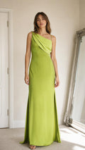 Front view of lime green one-shoulder maxi dress