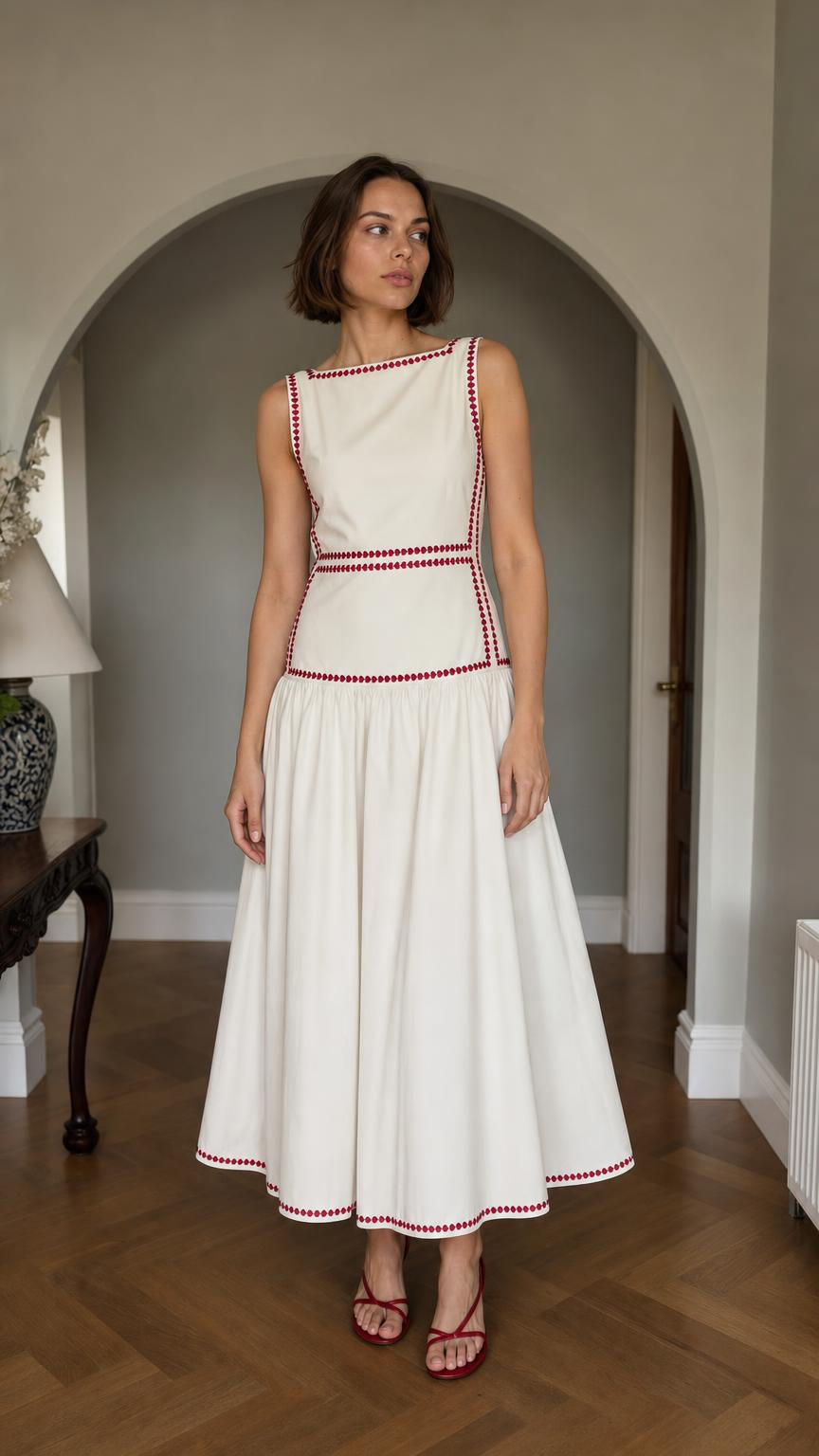 Front view of White embroidered sleeveless midi dress