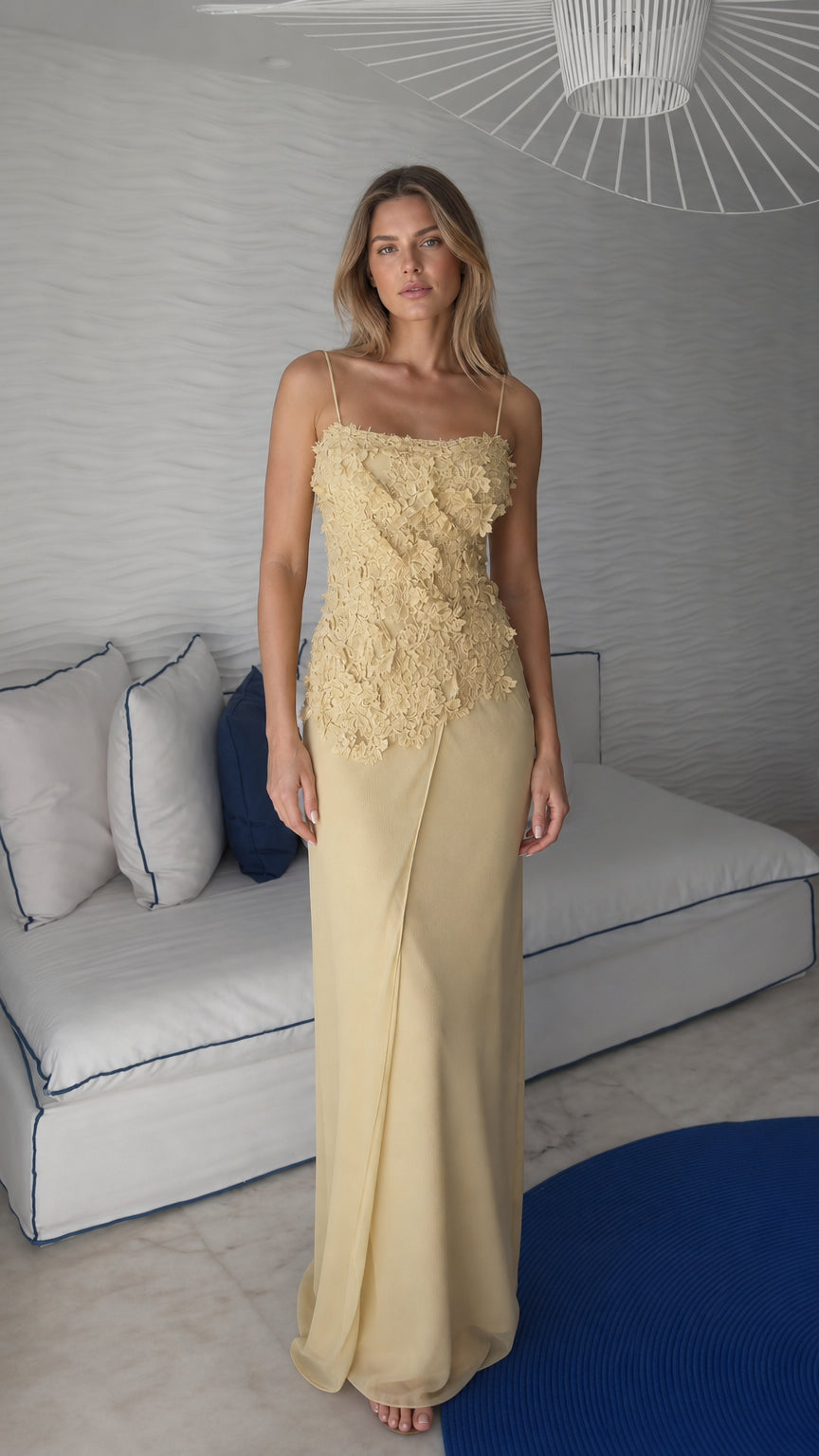 Front view of yellow floral applique maxi dress