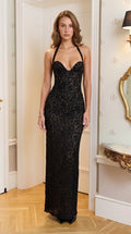 Front view of model wearing black lace halter maxi dress