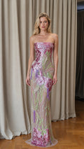 Front view of model wearing pink floral sequin strapless evening gown