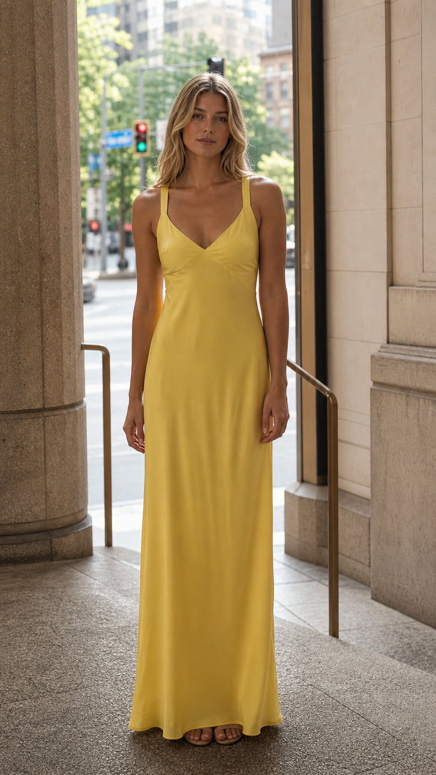 Front view of yellow v-neck satin maxi dress