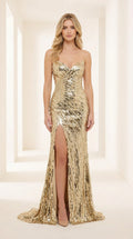 Front view of the gold sequin strapless evening gown with high slit
