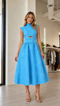 Front view of blue sleeveless mock neck midi dress with belt