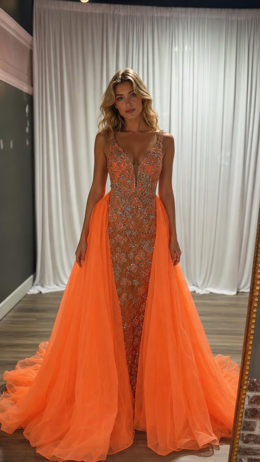 Full front view of model wearing vibrant orange evening dress with beaded bodice and tulle overskirt