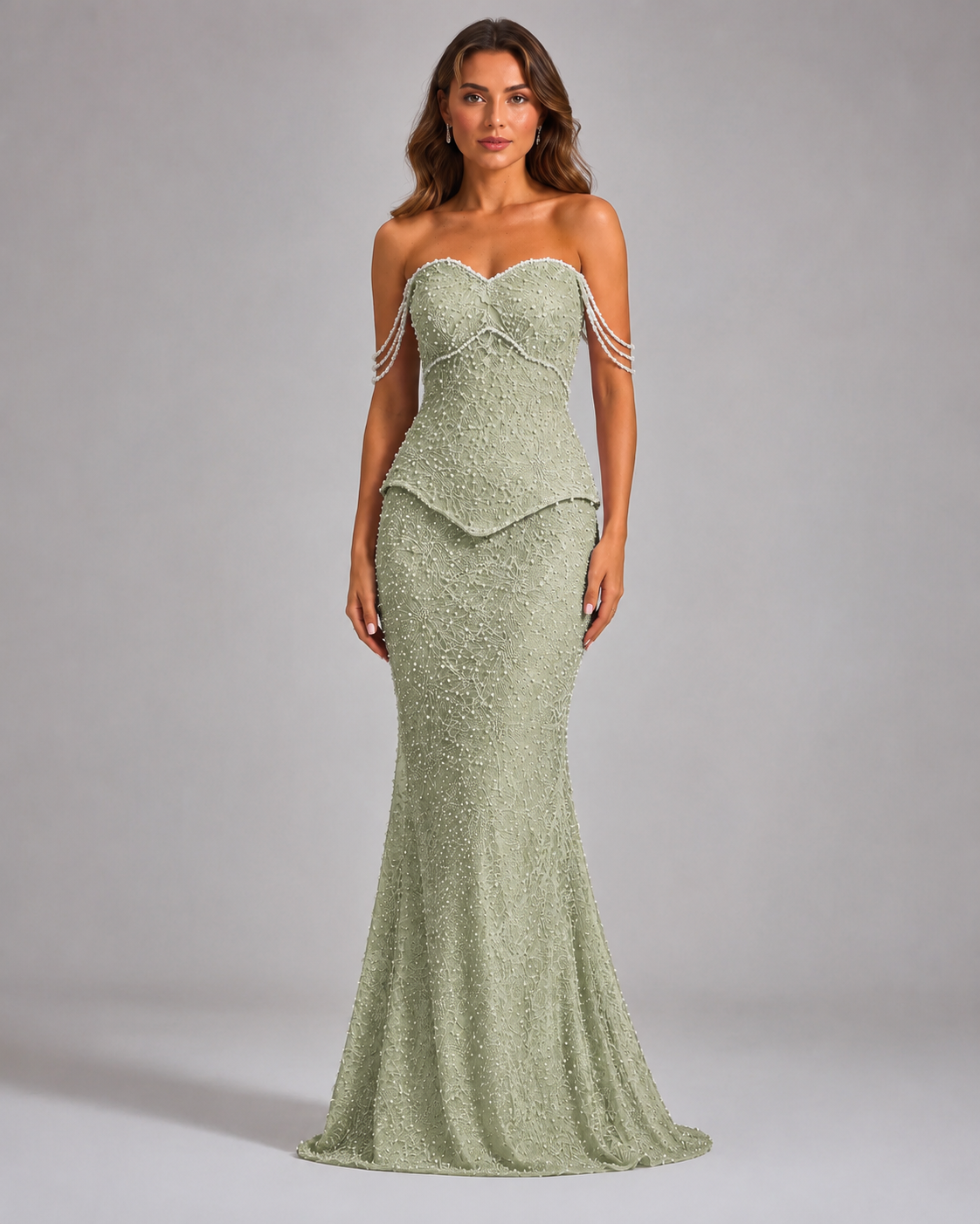 Front view of sage beaded strapless mermaid evening gown with pearl drape sleeves