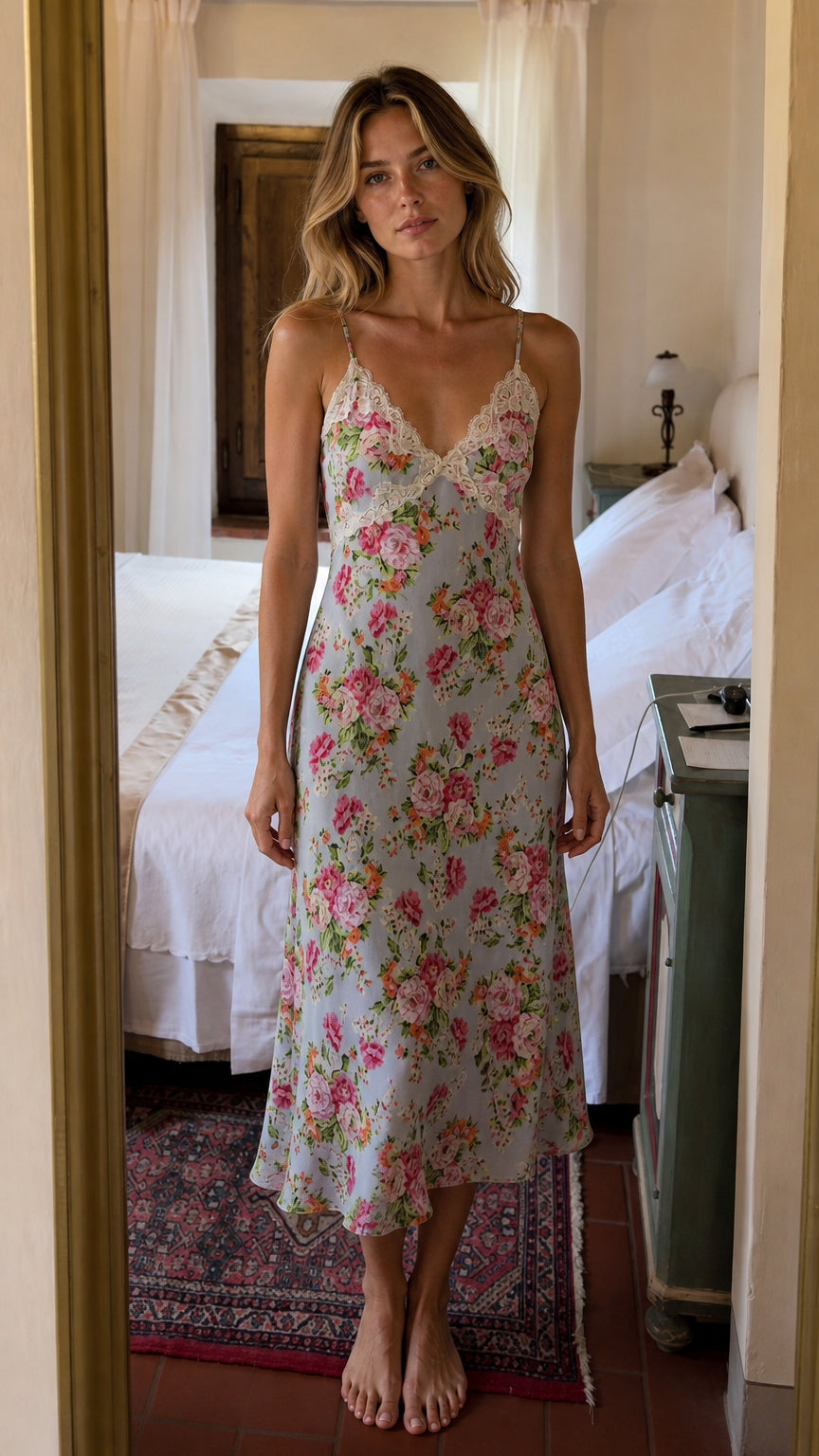 Front view of woman wearing Light Blue floral lace trim cami midi slip dress
