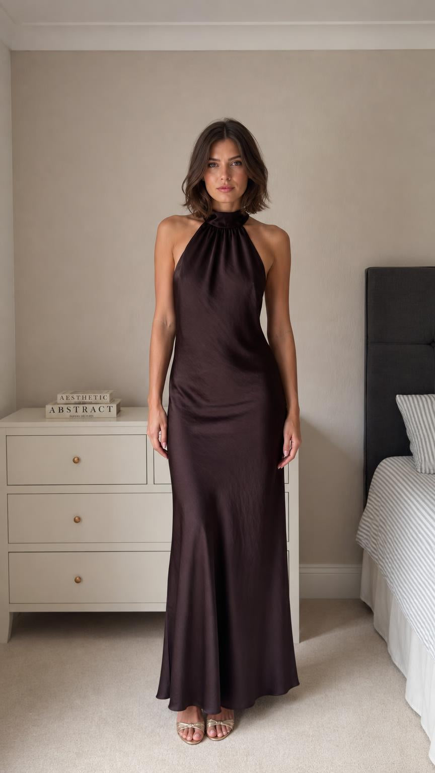 Model wearing dark brown satin halter neck maxi dress front view