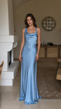 Front view of light blue satin cowl neck maxi dress