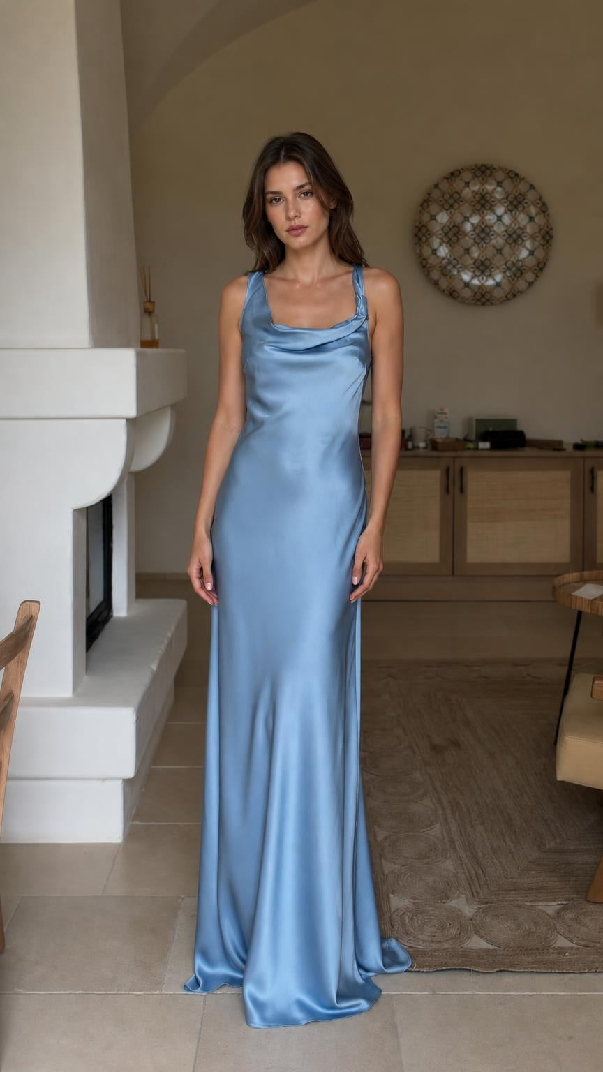 Front view of light blue satin cowl neck maxi dress