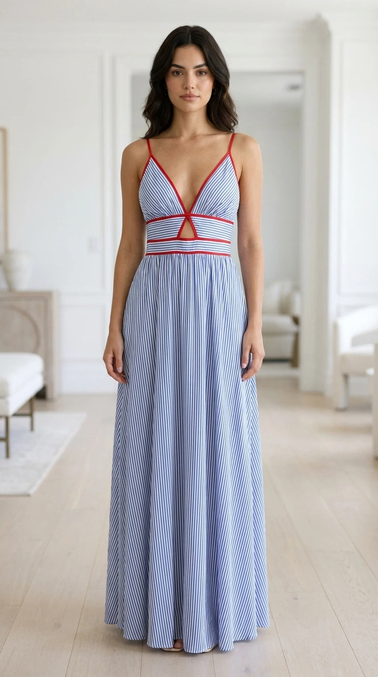 Front view of model wearing blue striped V-neck maxi dress