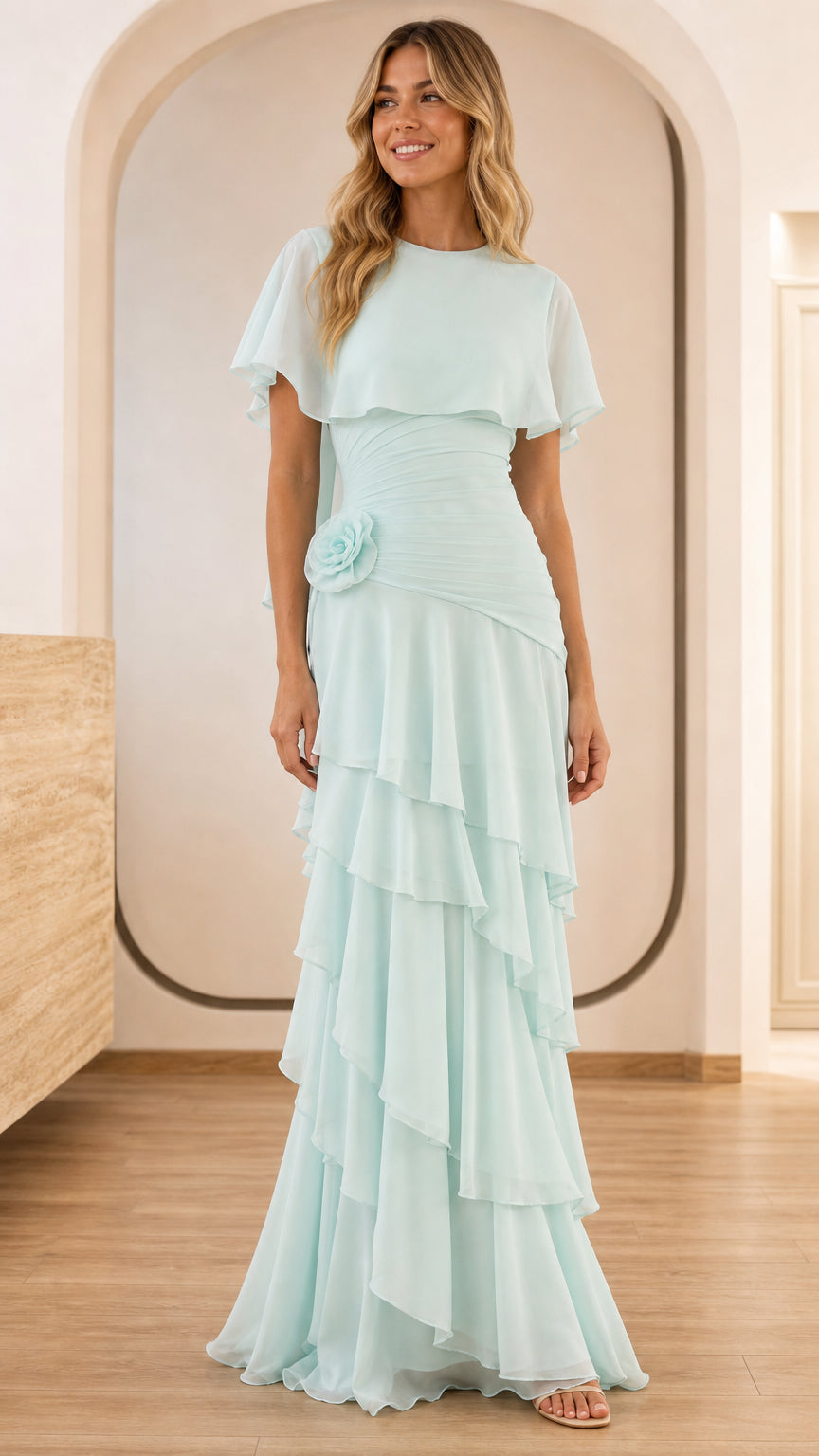 Front view of light blue ruffled cape sleeve maxi dress