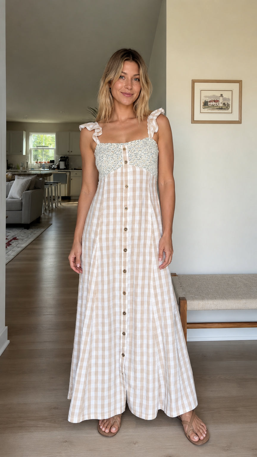 Front full view of woman wearing beige gingham maxi dress