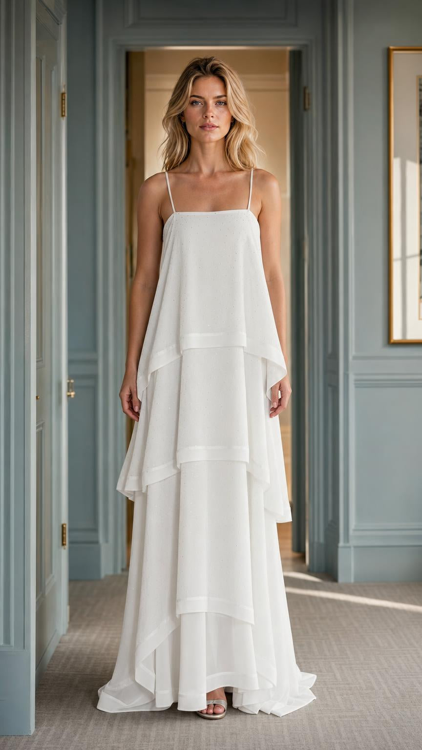Front view of woman wearing white tiered maxi dress