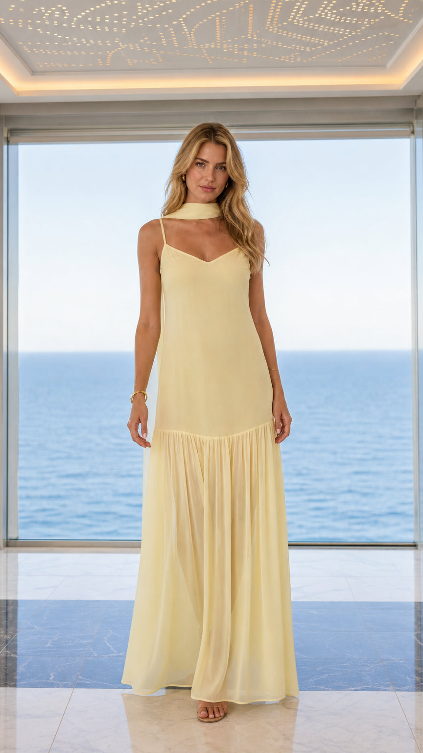 Front view of yellow choker maxi dress