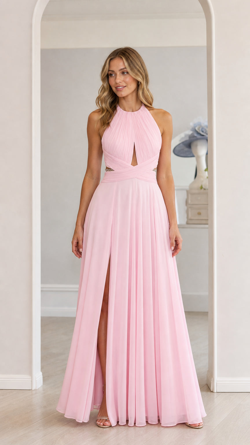 Model wearing pink chiffon halter maxi dress with front slit, front view