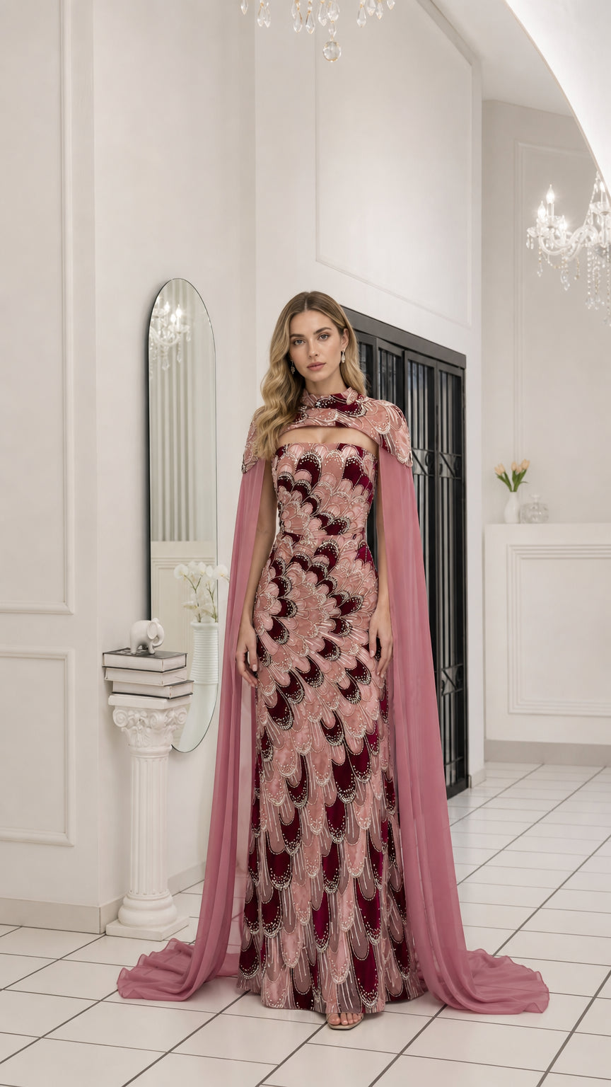 Front full view of dusty pink beaded evening dress with cape