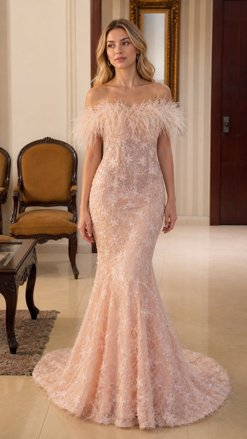 Front view of blush pink off-shoulder feather trim mermaid dress