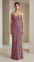 Front view of pink leopard print maxi dress