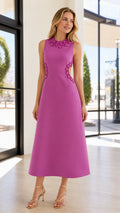 Front view of orchid beaded cutout midi dress
