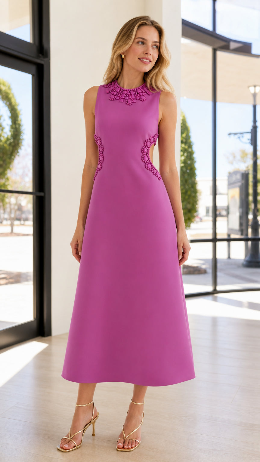 Front view of orchid beaded cutout midi dress