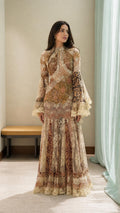 Front view of model wearing vintage lace patchwork maxi dress in multi color