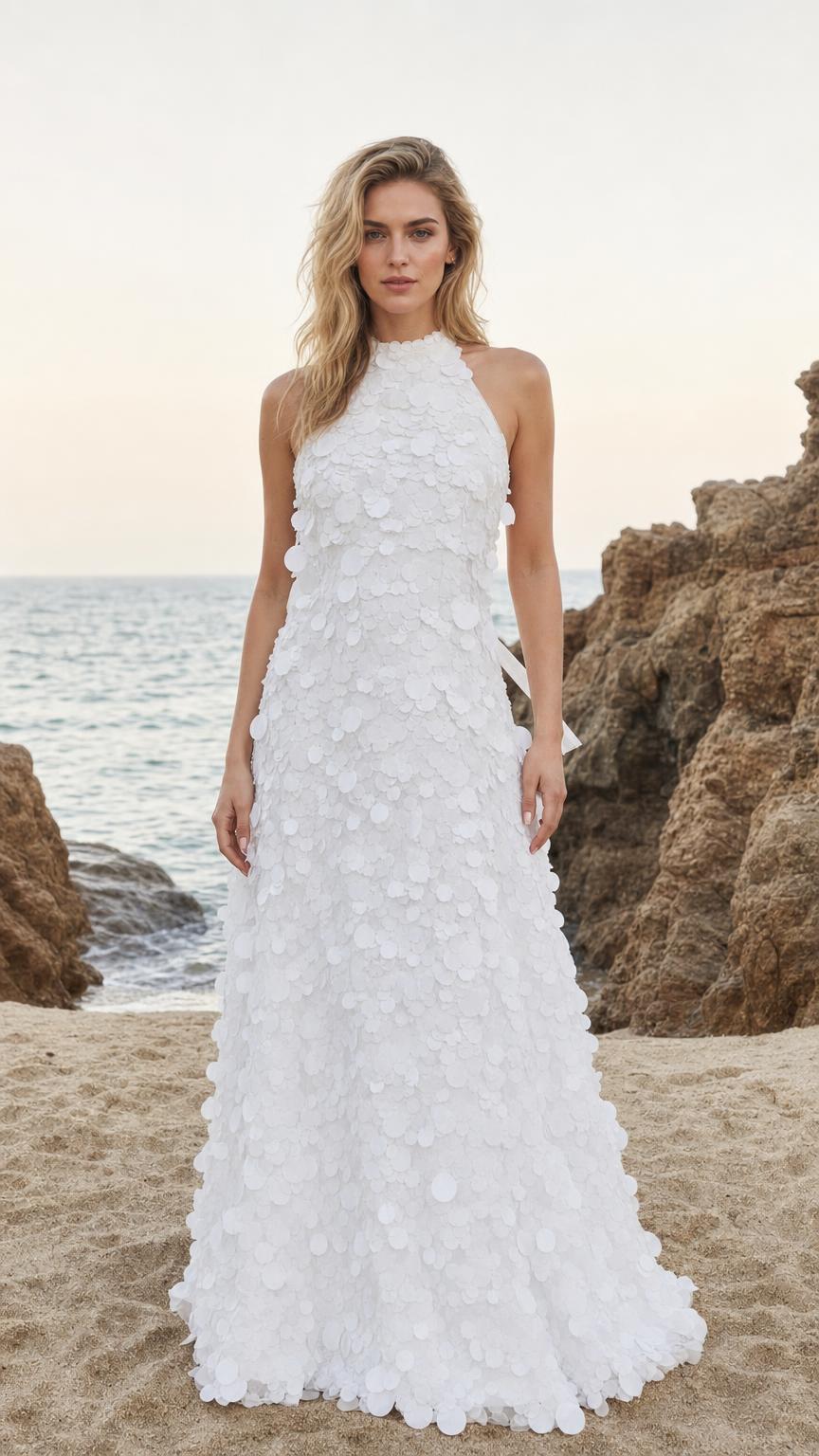 Front view of White halter neck 3D floral applique maxi dress on a beach