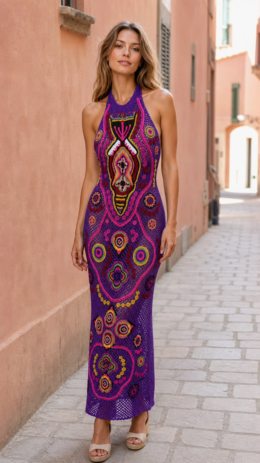 Front view of model wearing purple bohemian crochet maxi dress