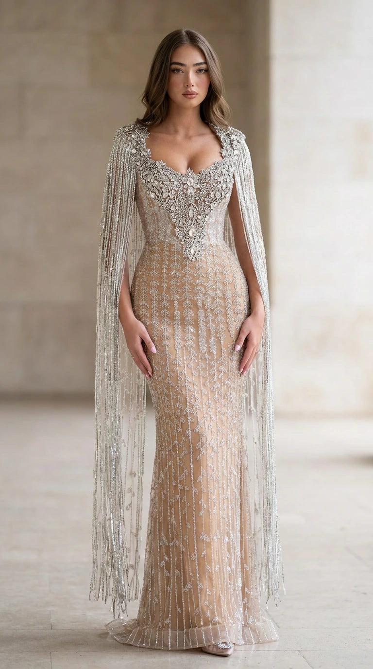 Front view of nude crystal embellished cape sleeve evening gown