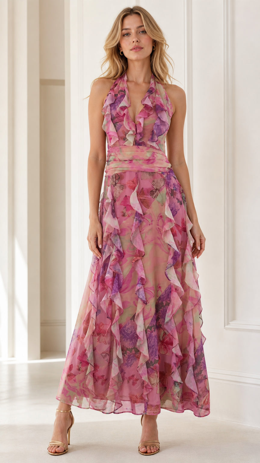 Front view of model wearing pink floral halter ruffle maxi dress