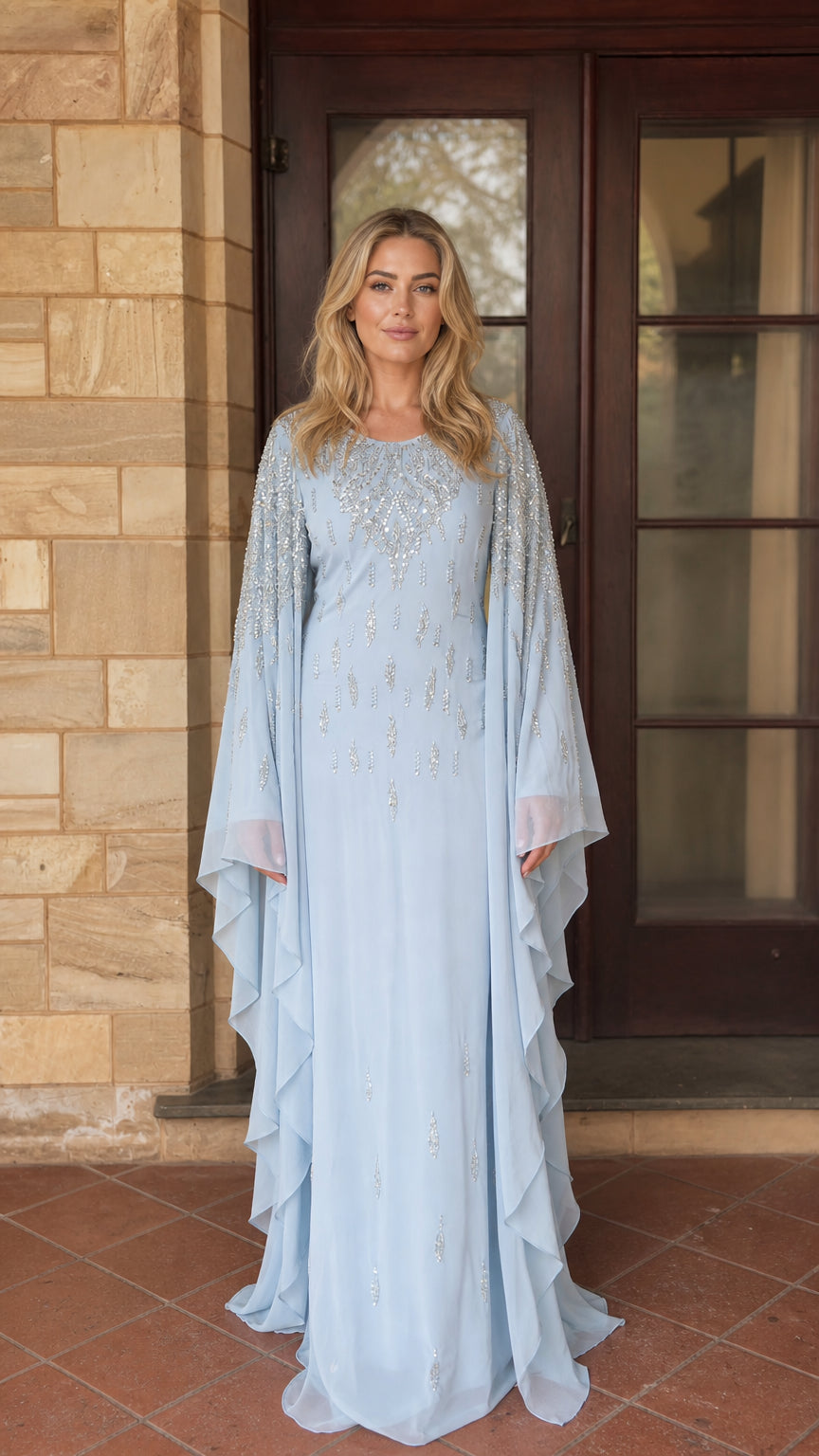 Front view of light blue beaded kaftan maxi dress