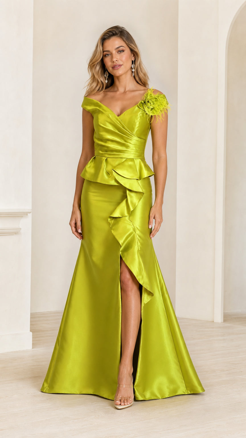 Model wearing lime green satin evening dress front view