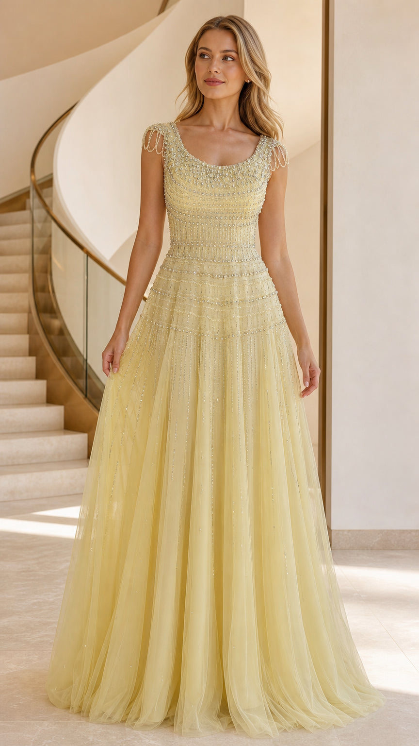 Front view of yellow beaded tulle evening gown