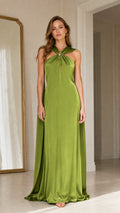 Front view of olive green satin halter maxi dress with back drape