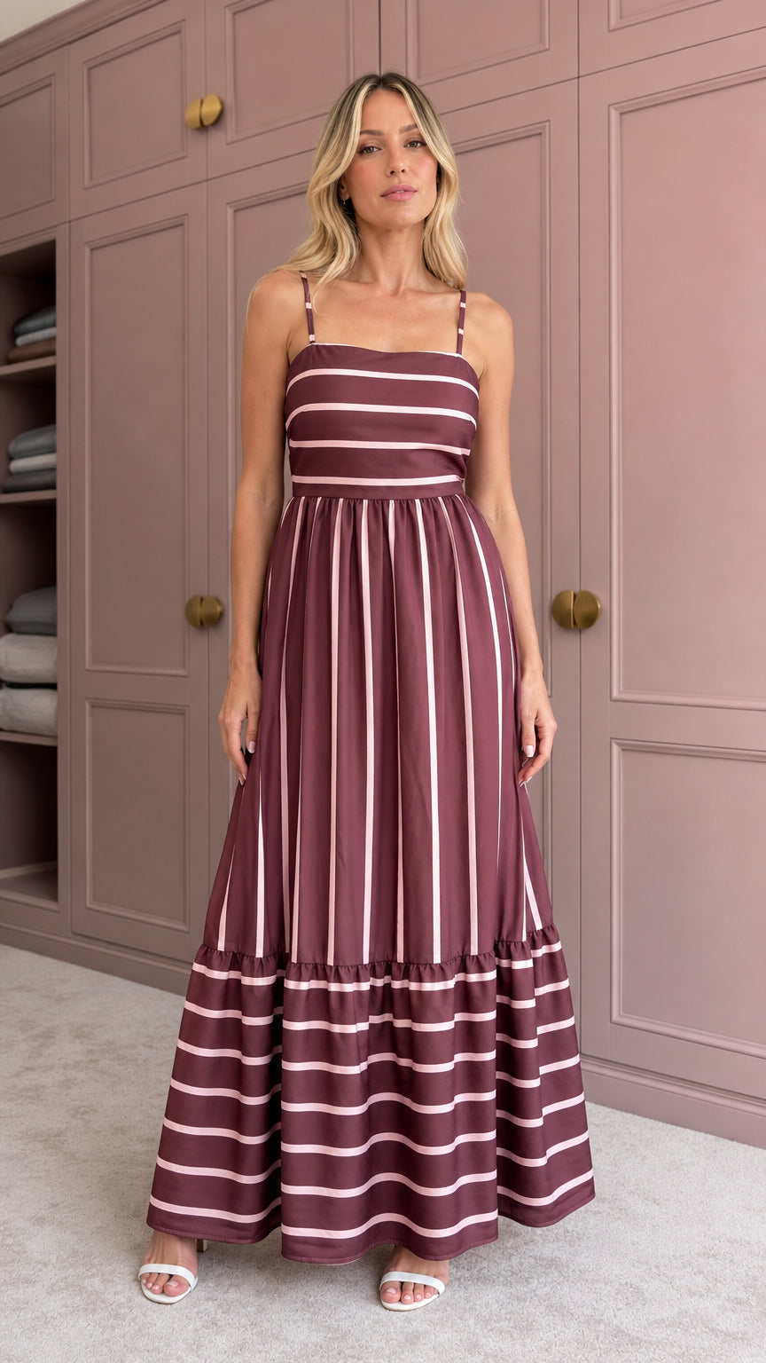 Woman wearing burgundy striped tiered maxi dress front view