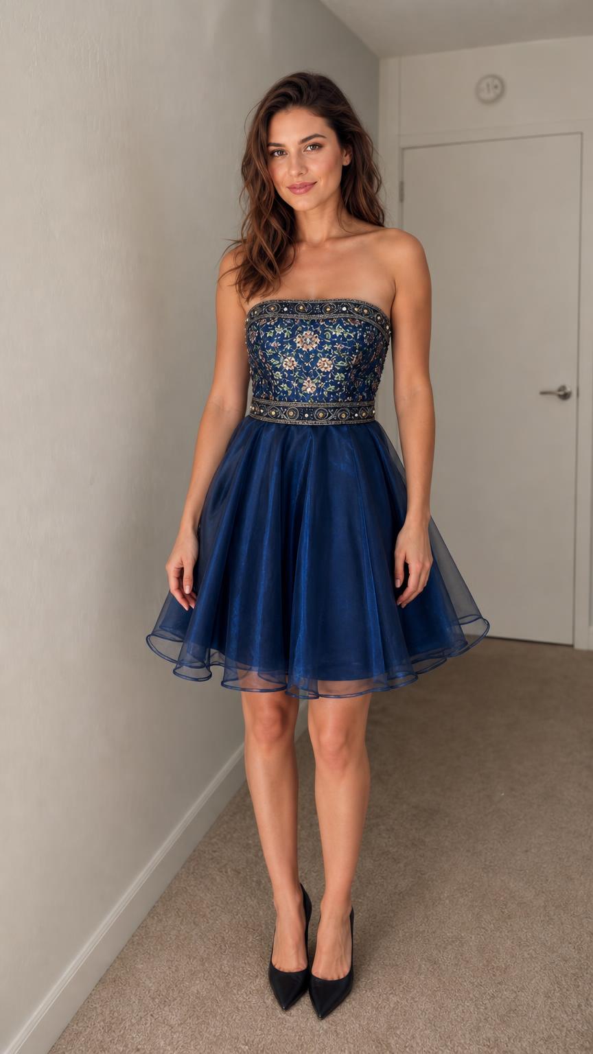 Front view of woman wearing navy blue strapless embroidered cocktail dress