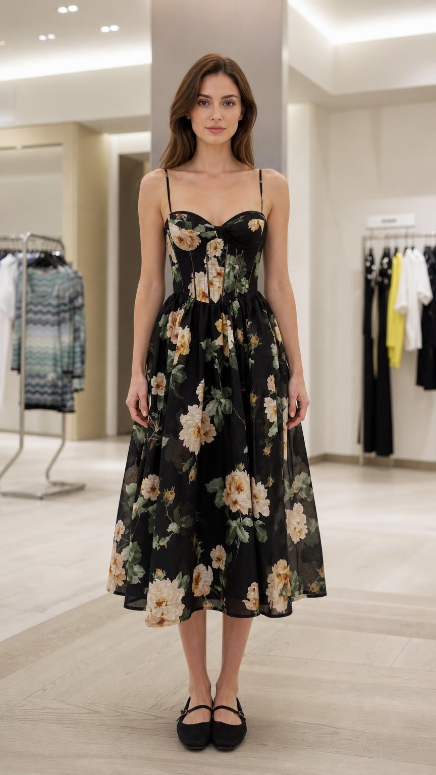 Front view of black floral corset midi dress