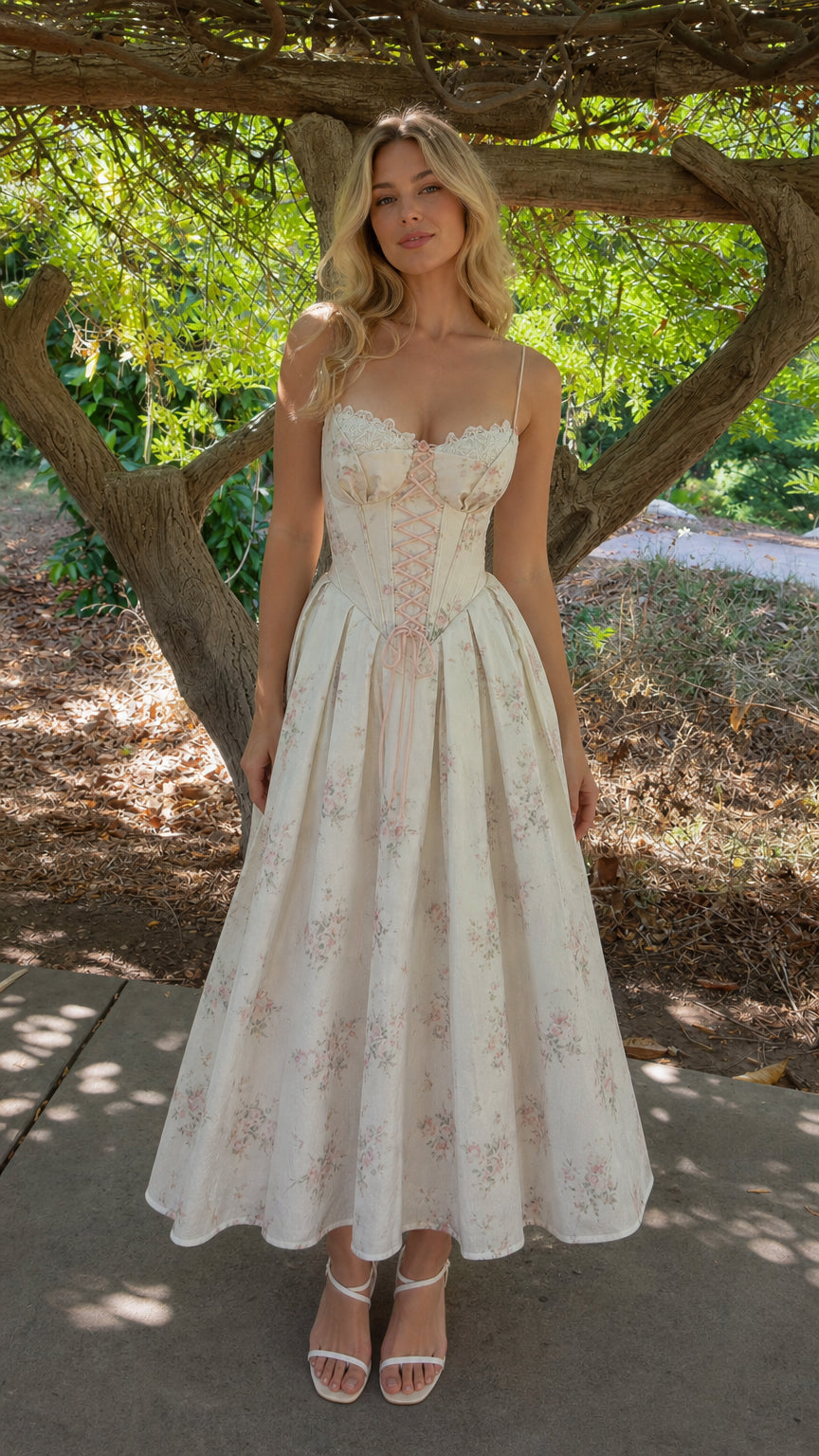 Full length view of woman wearing white floral corset midi dress outdoors
