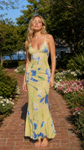 Front view of yellow floral slip maxi dress