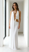 Front view of woman wearing white elegance drape halter cutout maxi dress