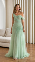 Front view of sage green one-shoulder pleated tulle evening gown
