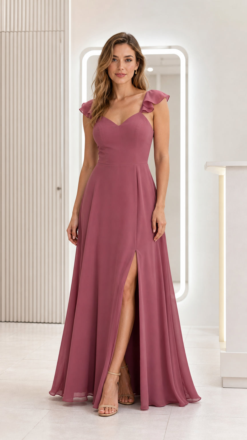 Front view of mauve chiffon ruffle strap maxi dress with slit