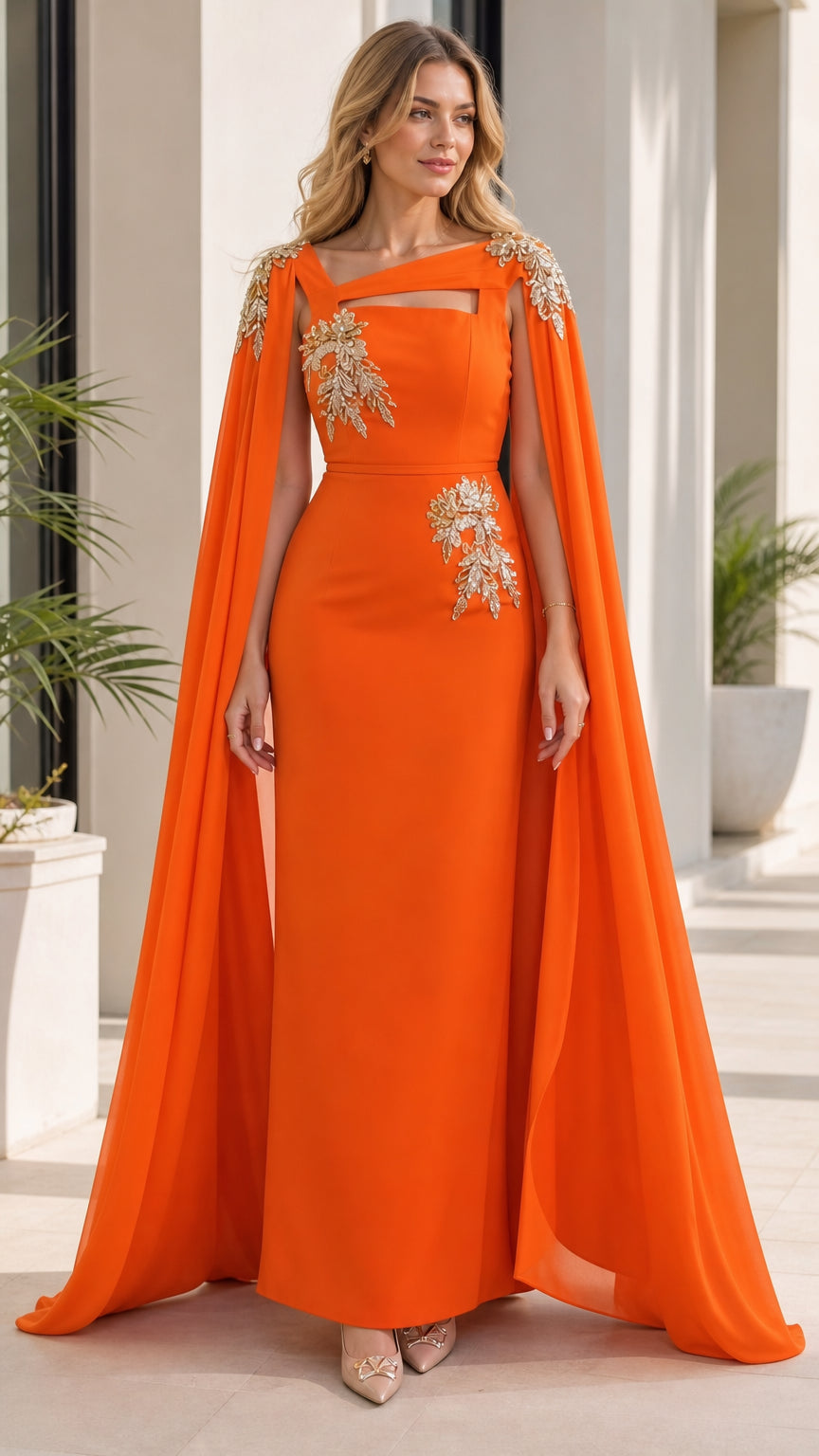 Front view of woman wearing orange evening dress with cape