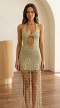Halter Neck Crochet Beaded Fringe Mini Dress front view in sage green