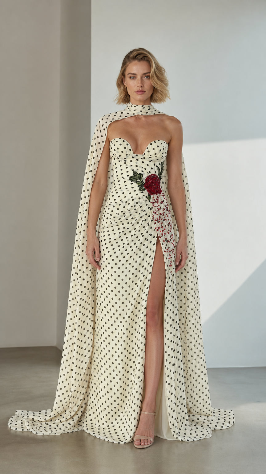 Front view of White Polka Dot Embellished Cape Evening Gown
