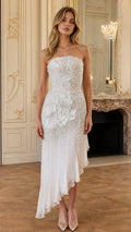 Front view of white sequin strapless asymmetric evening dress
