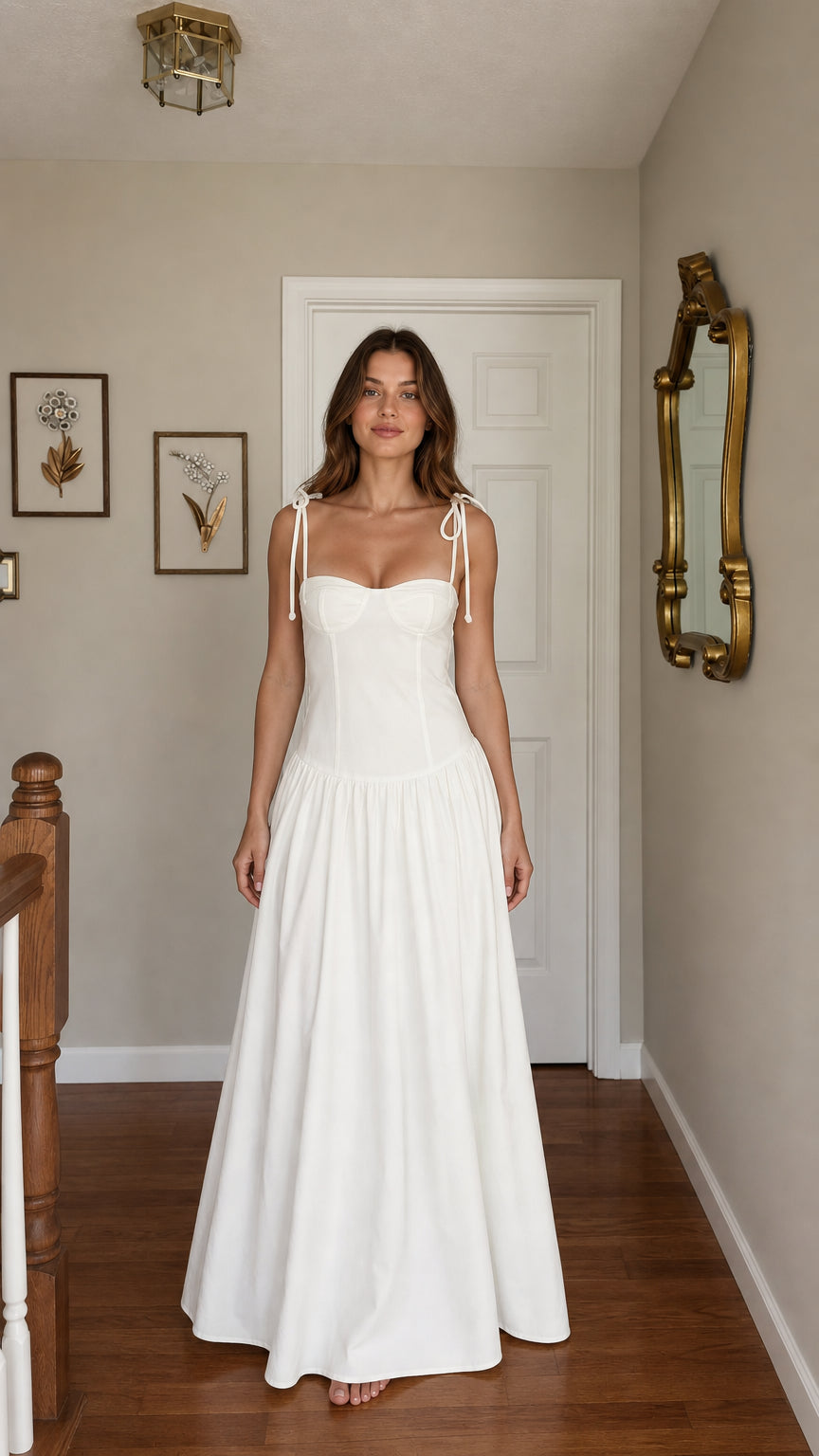 Front view of woman wearing white tie-strap corset maxi dress