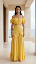 Front view of yellow off-shoulder ruffle maxi dress
