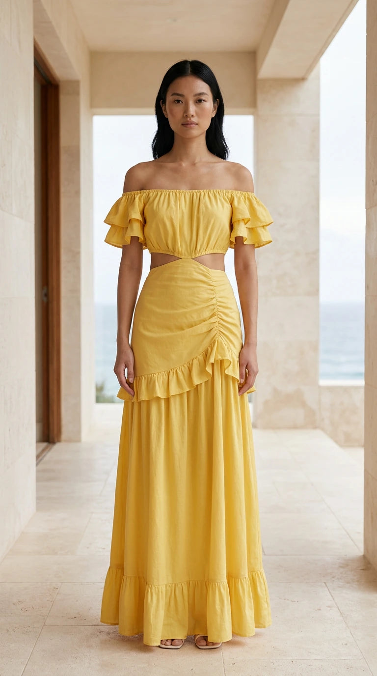 Front view of yellow off-shoulder ruffle maxi dress