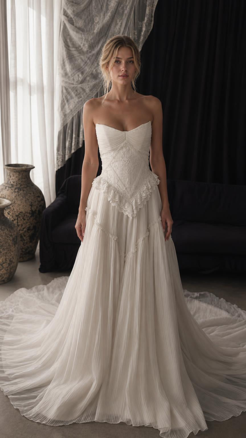 Front view of white strapless lace corset tulle evening gown
